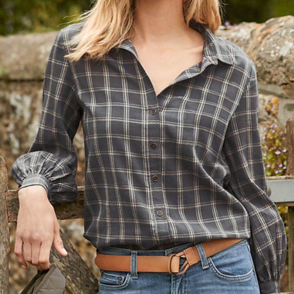 Garnet Hill Gray Plaid Organic Cotton Button Down Gauze Shirt - Picture 1 of 11